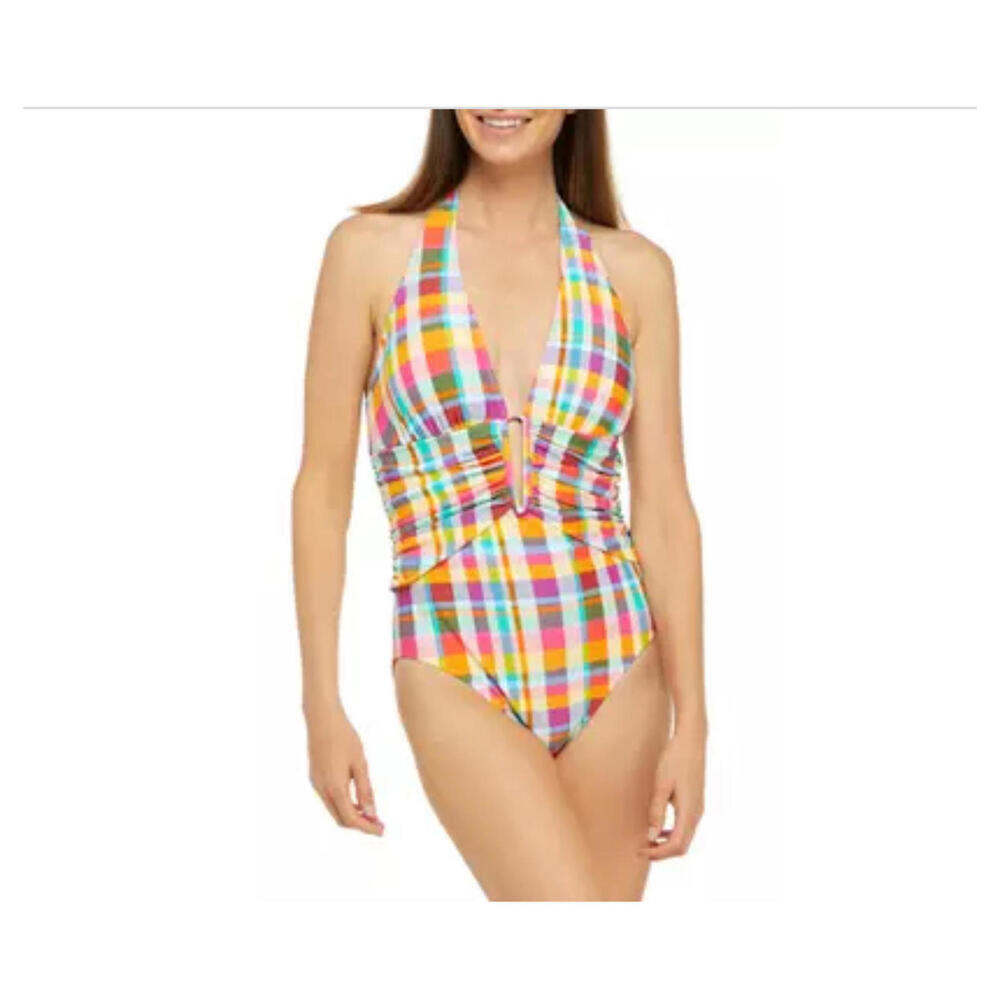 Into the bleu by amrex colorful plaid halter plunge one piece swim suit